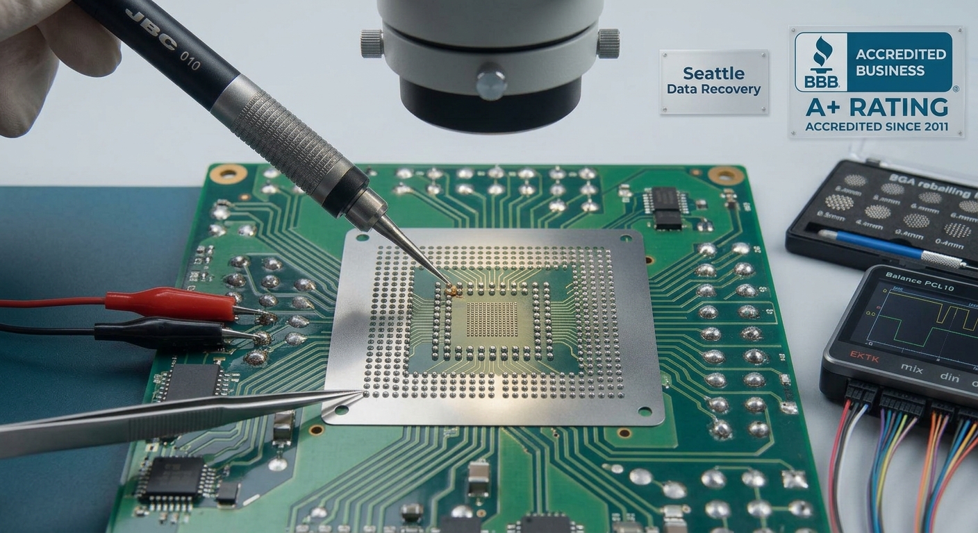 A Seattle Data Recovery engineer reballs a template board to read a NAND chip.